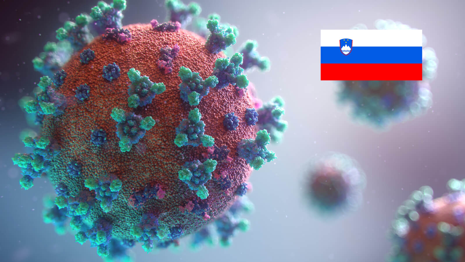 Darstellung Corona Virus mit slowenischer Flagge oben rechts