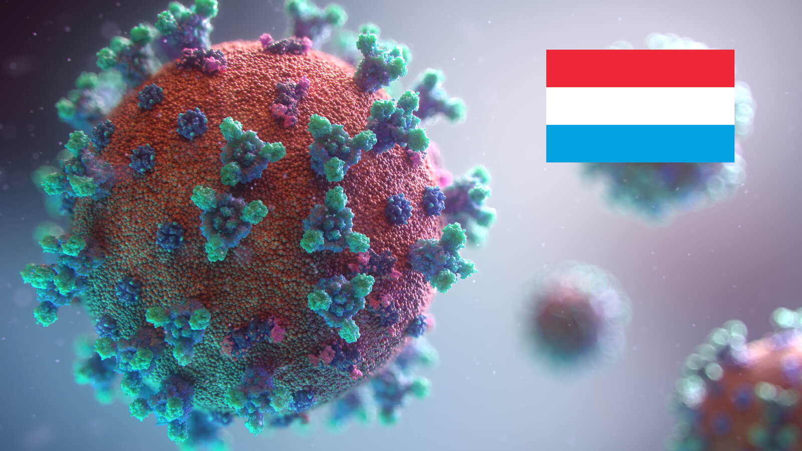 Darstellung Corona Virus mit luxemburgischer Flagge oben rechts