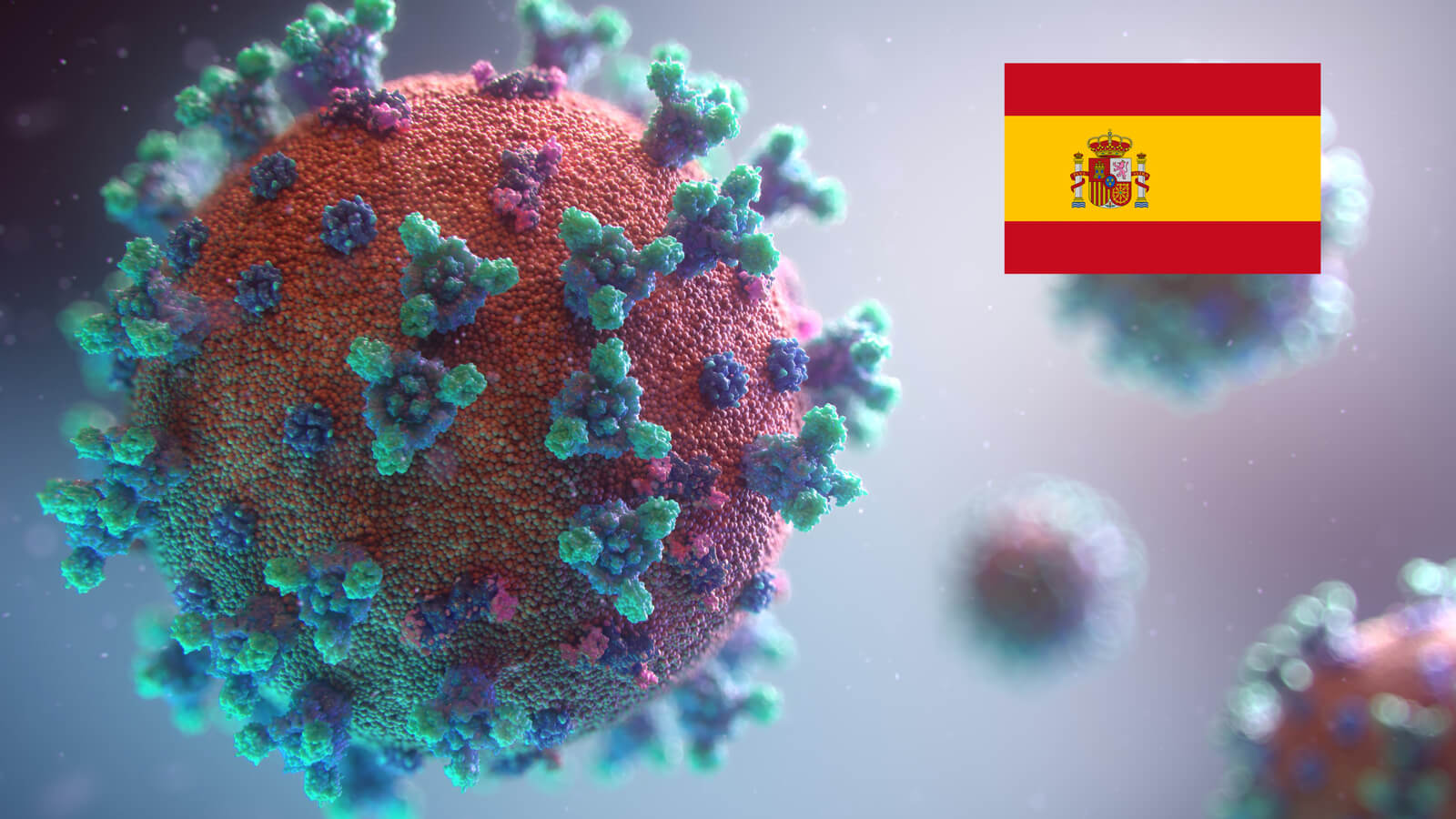 Darstellung Corona Virus mit spanischer Flagge oben rechts
