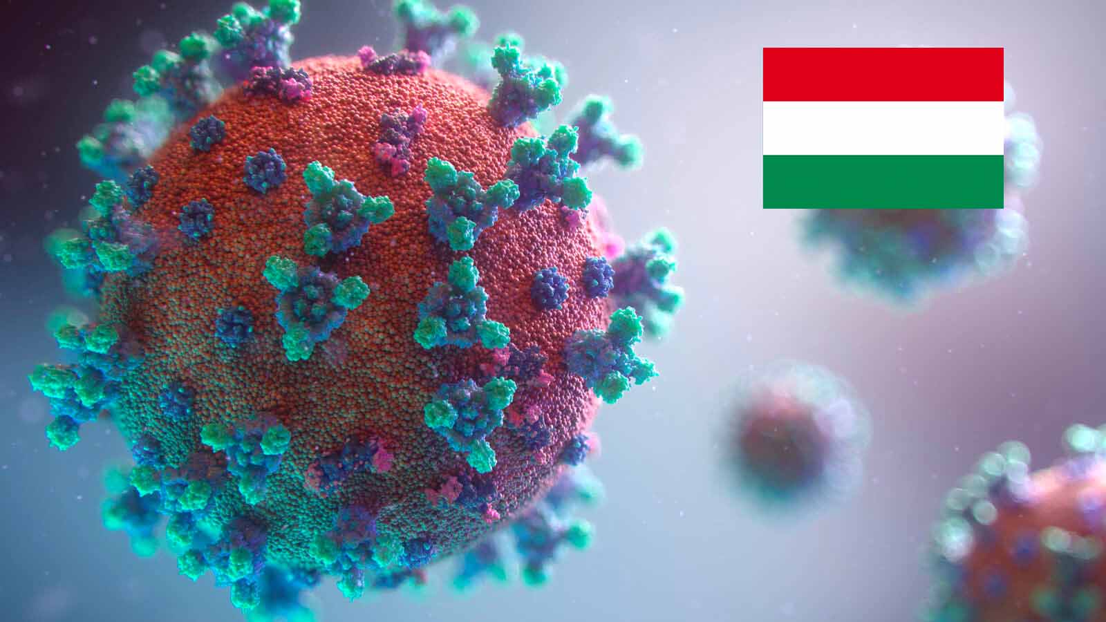 Darstellung Corona Virus mit ungarischer Flagge oben rechts