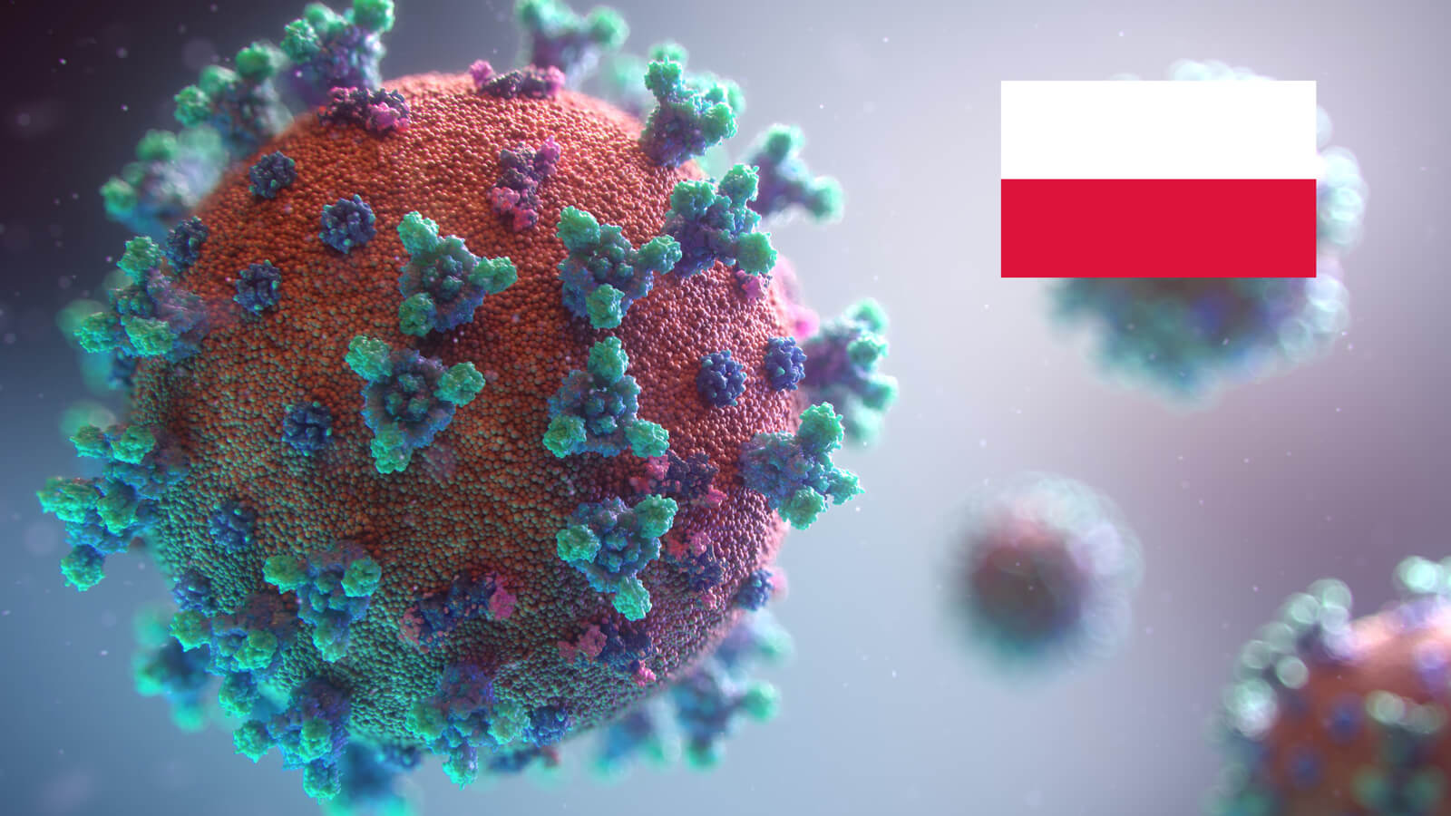 Darstellung Corona Virus mit polnischer Flagge oben rechts